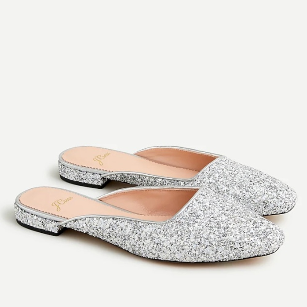 NIB J Crew Carolyn Mule Flats in Glitter Silver 12